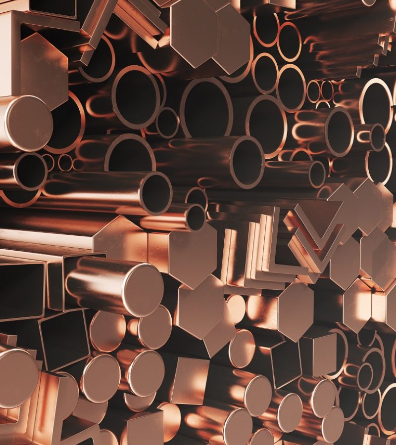 Cylindrical copper steel profiles, hexagonal copper steel profiles, square copper steel profiles. Different copper steel products. 3D illustration
