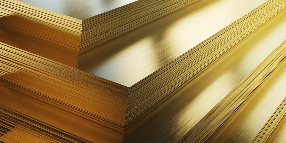 Brass sheets. Rolled metal product, close-up. 3d illustration.
